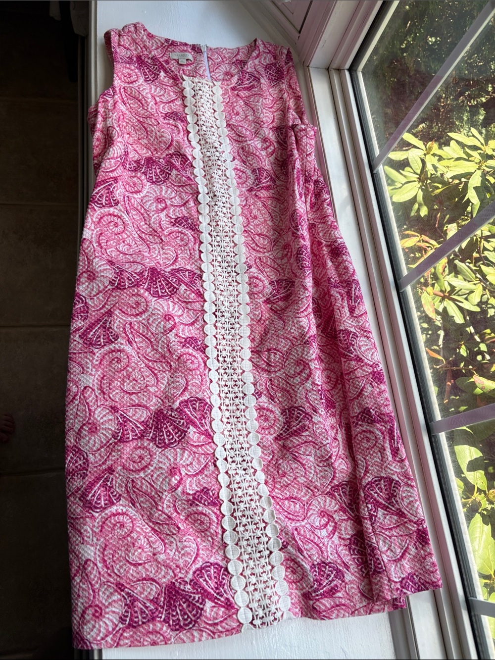Talbots Pink Paisley A-Line Dress with White Lace Trim